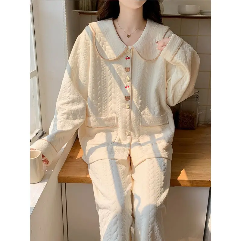 Thickened Pure Cotton Sleepwear Women's Style Home Clothes Long Sleeve Long Pants Home Leisure Suit Four Seasons Universal