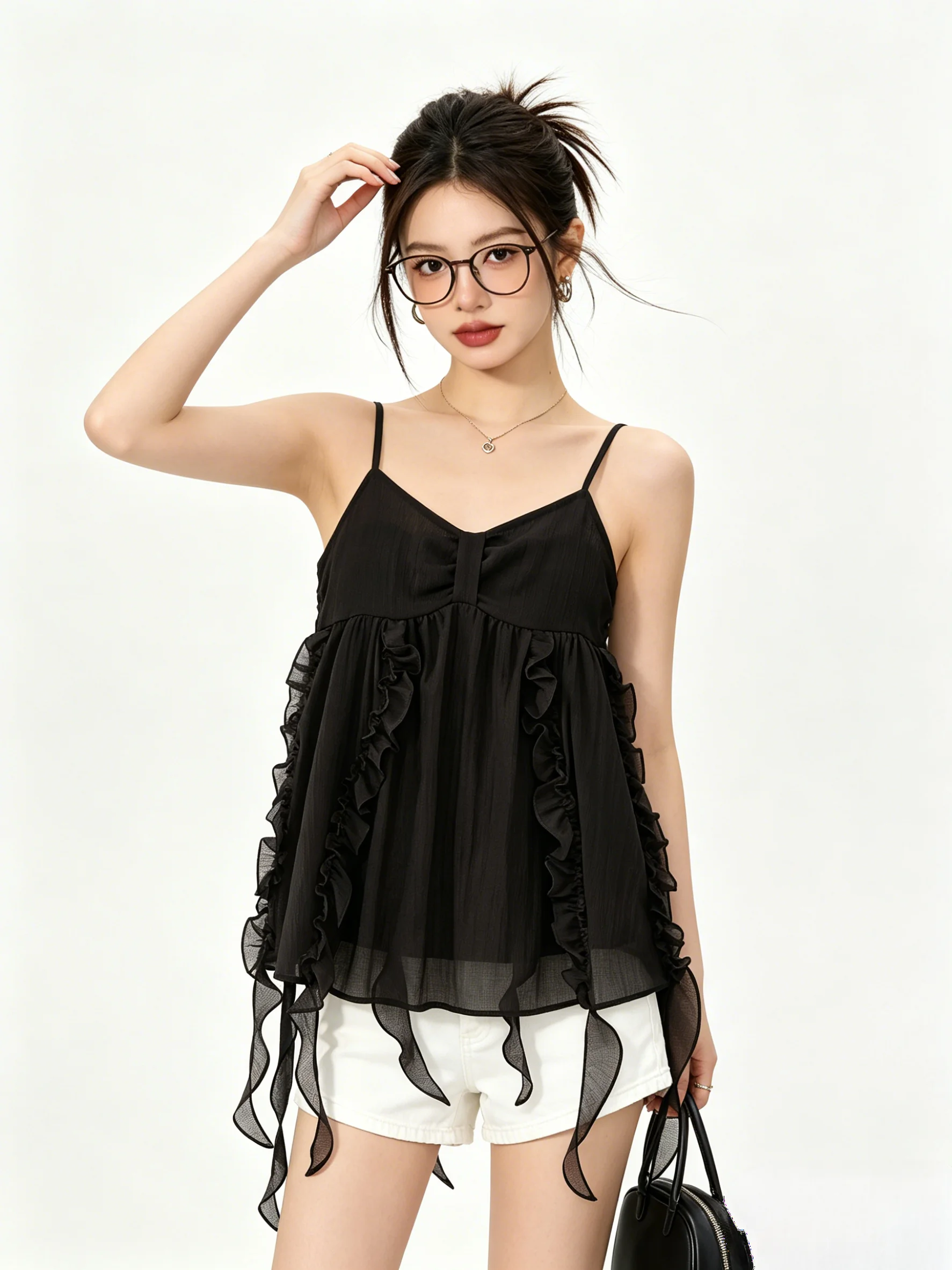 Retro Korean Style Loose Women's Vest Top Summer Inner Wear Outer Wear Holiday Mood Sash Tie Women's Short Breathable Tank Top