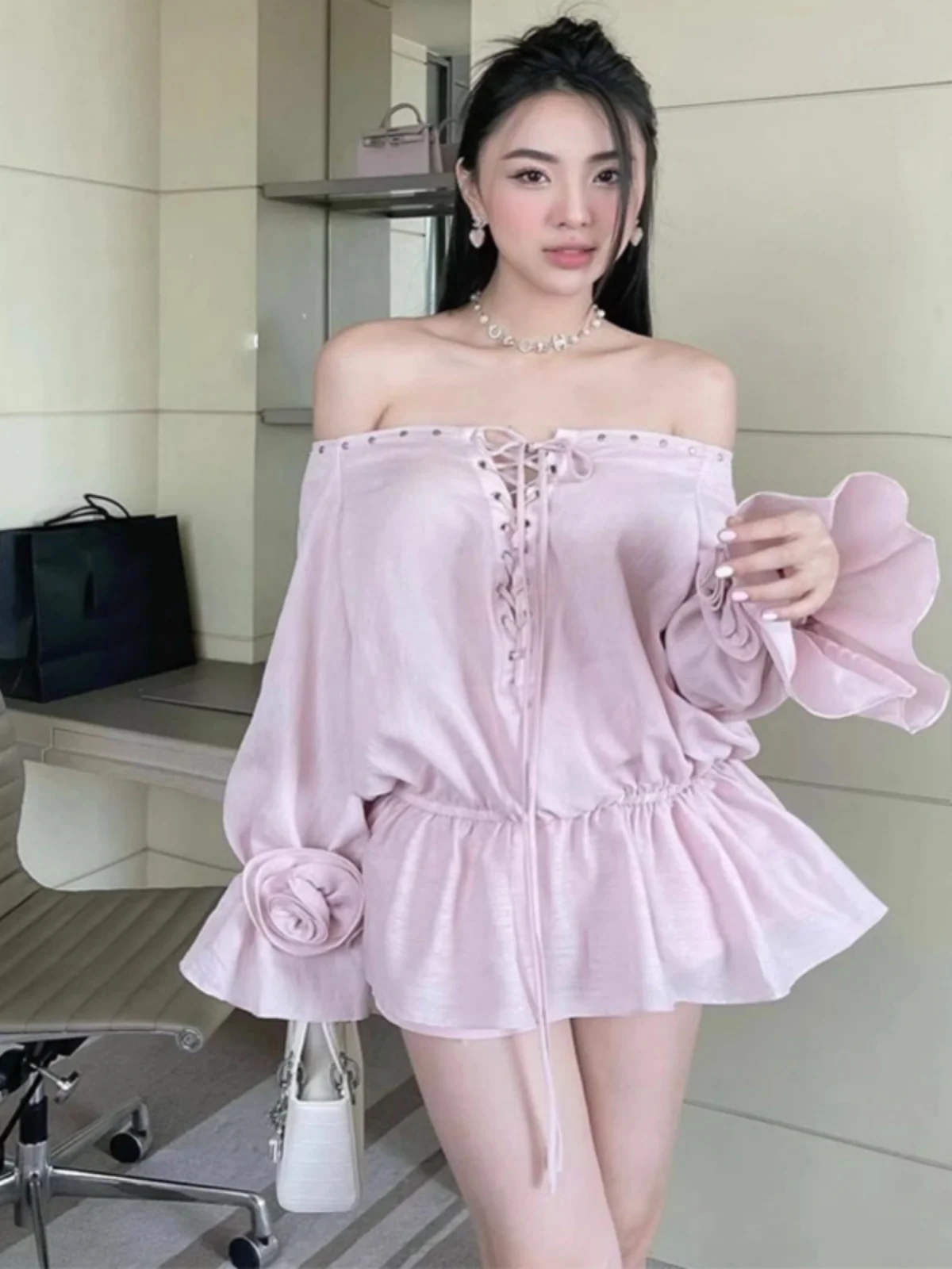 

Summer New Sle Women's Linen orts Svel One-oulder Ruffle Hem Versatile Rivet Strap Top Matching Le Print Blouse