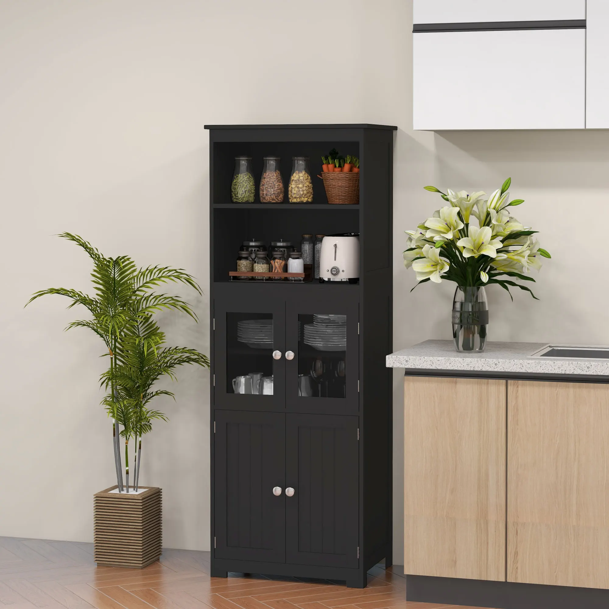HOMCOM Armoire et buffet de cuisine, vaisselier et meuble de rangement avec 2 niches, 2 placards à 4 portes dont 2 portes vitrées