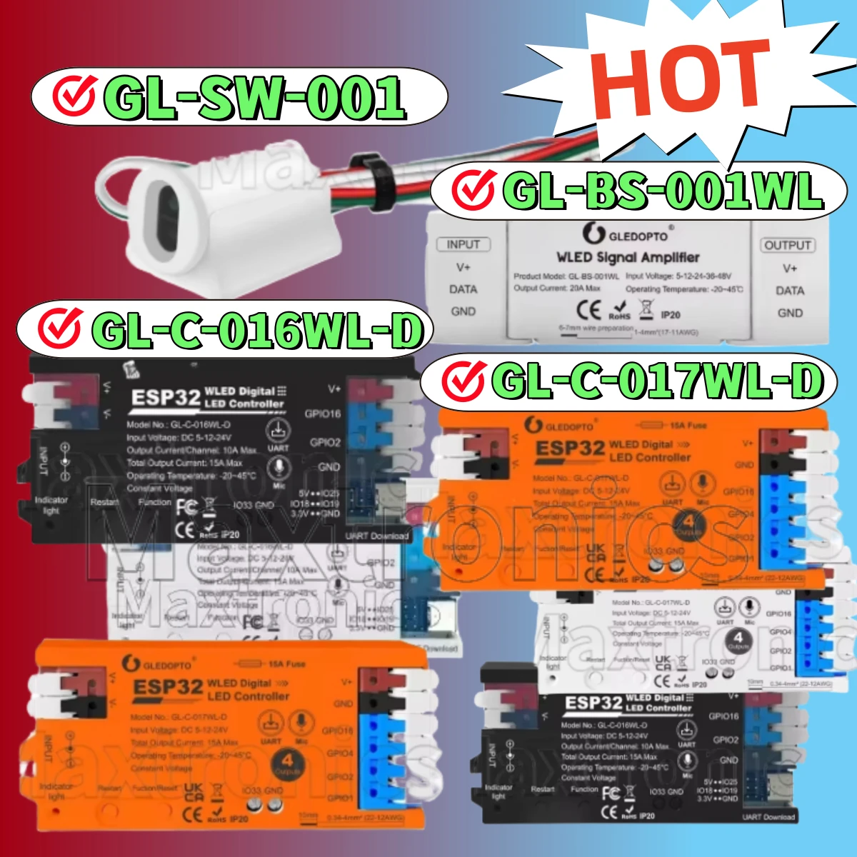 WS2811/2812 SK6812 WLED Signal Amplifier Digital Controller GL-BS-001WL/016WL-D/GL-C-017WL 10m licker-Free LED Strip Enhancer