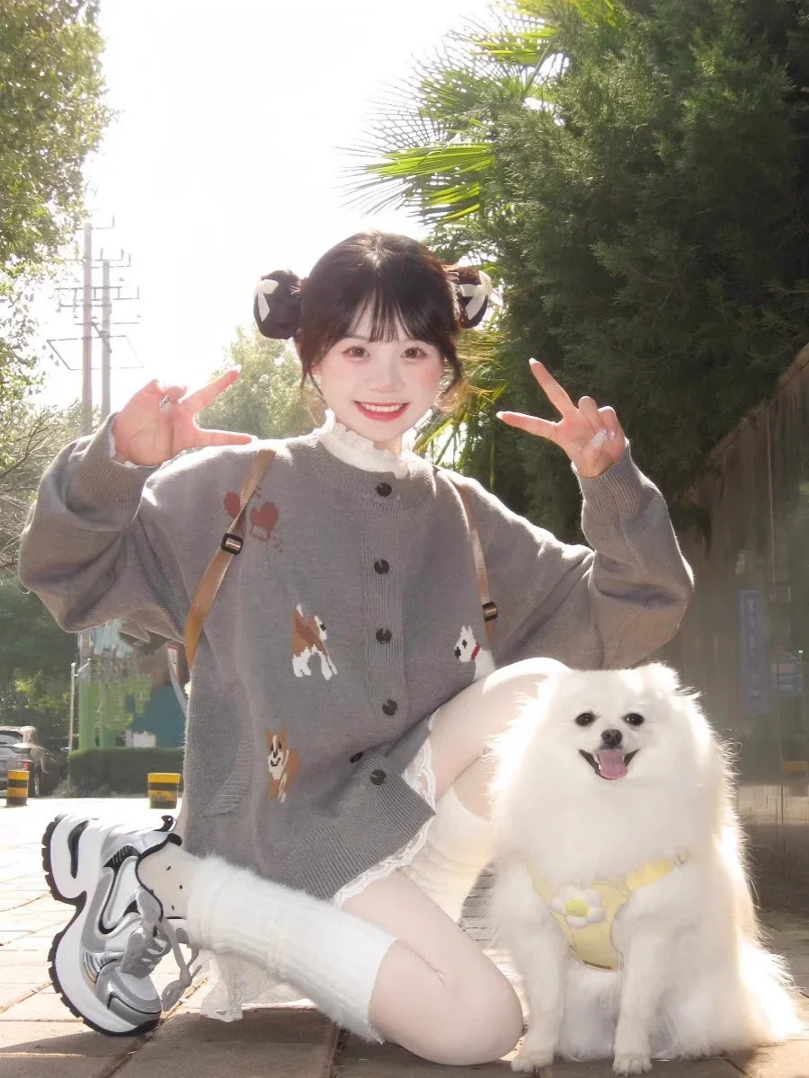 

Women Sweaters Designed Dog Embroidery Sweet Girls High Street Trendy Korean Style Aesthetic Ulzzang Leisure Knitted Cardigan