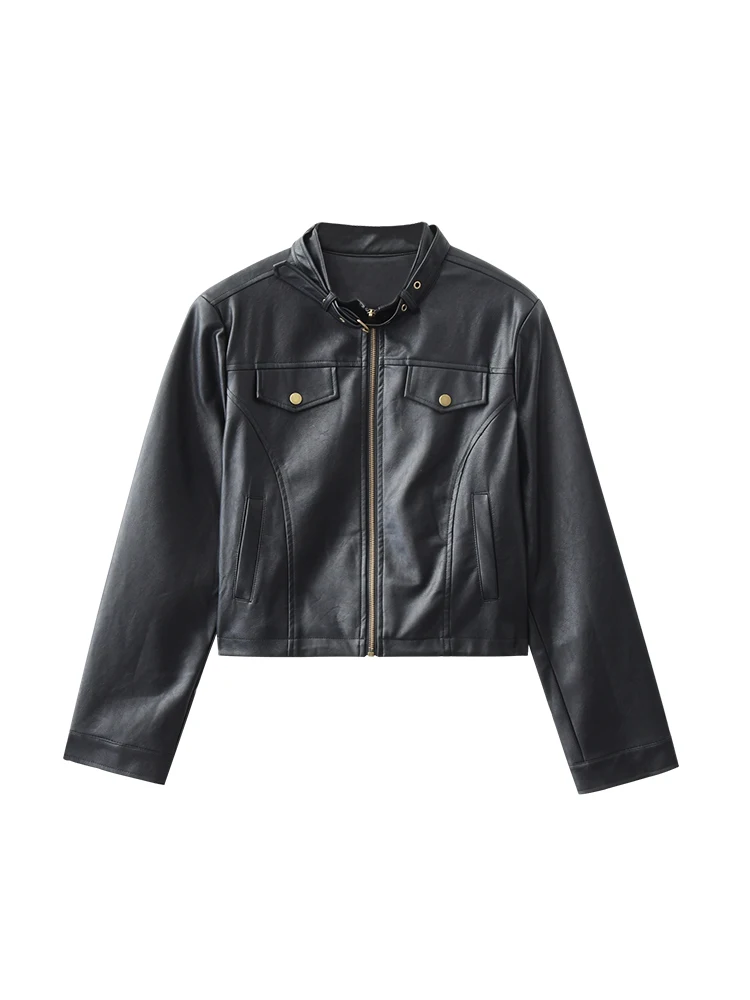 레트로 지우지우 모터사이클 스타일 가죽 재킷 여성용 2026년 봄 신상 지퍼 스트레이트 튜브 롱 슬리브 스탠드 칼라 코트