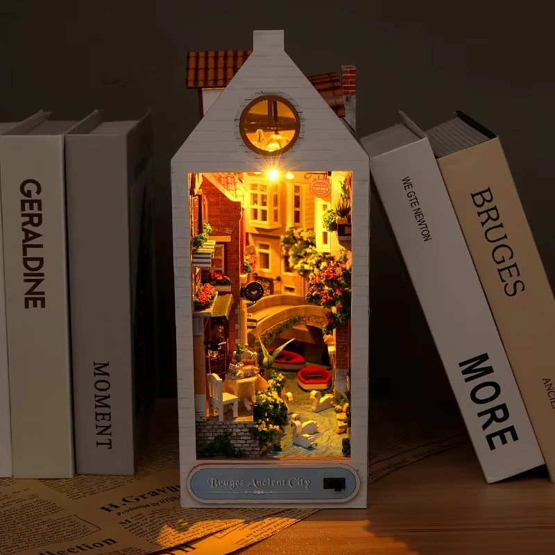 

Vintage DIY Wooden Book Corner Bookshelf Insert Miniature Kit Bruges Ancient City Bookshelf Home Decor Adult Handmade Gift