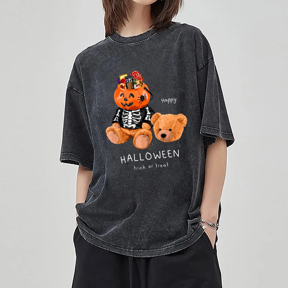 

Halloween Bear Pumpkin Print Casual Cute Style Ladies Summer T-Shirt Unisex Wash Denim Cotton Short Sleeve Loose Top Vintage