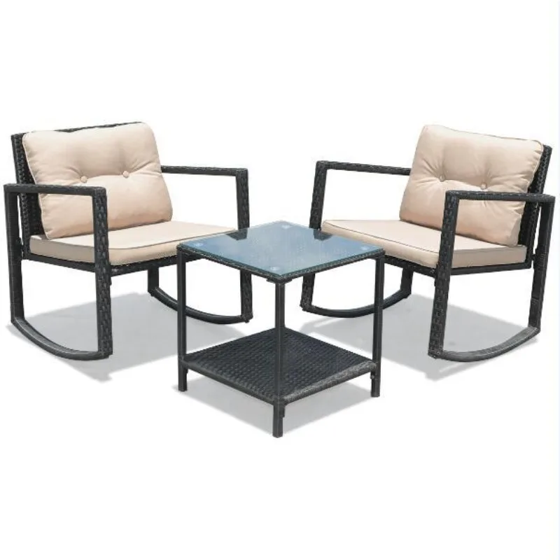 

3 Pieces Patio Conversation Bistro Set, Outdoor (Wicker) Furniture Glass Top Table & 2 Rattan Armchairs/Rocking Chairs Seatarden