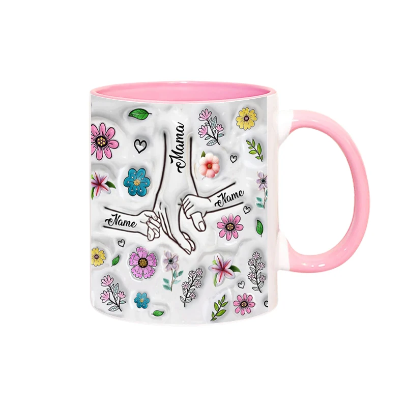 Personalized Kids Names Mug Customize 3D Effect Printing WITH Flowers Cup Holding Hands Coffee Mugs Mother's Day Gifts