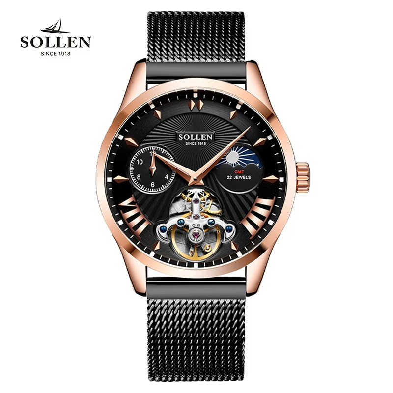 SOLLEN Brand High-end Tourbillon Watch for Men Fashion Moon Phase Mechanical Watches Mens Stainless Steel Waterproof Clock Male