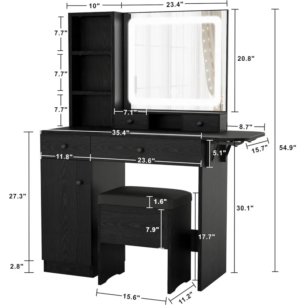 Black Vanity Desk com gavetas, espelho iluminado LED, tomada de energia, mobília do armário, fezes de armazenamento, armários para quarto, moderno