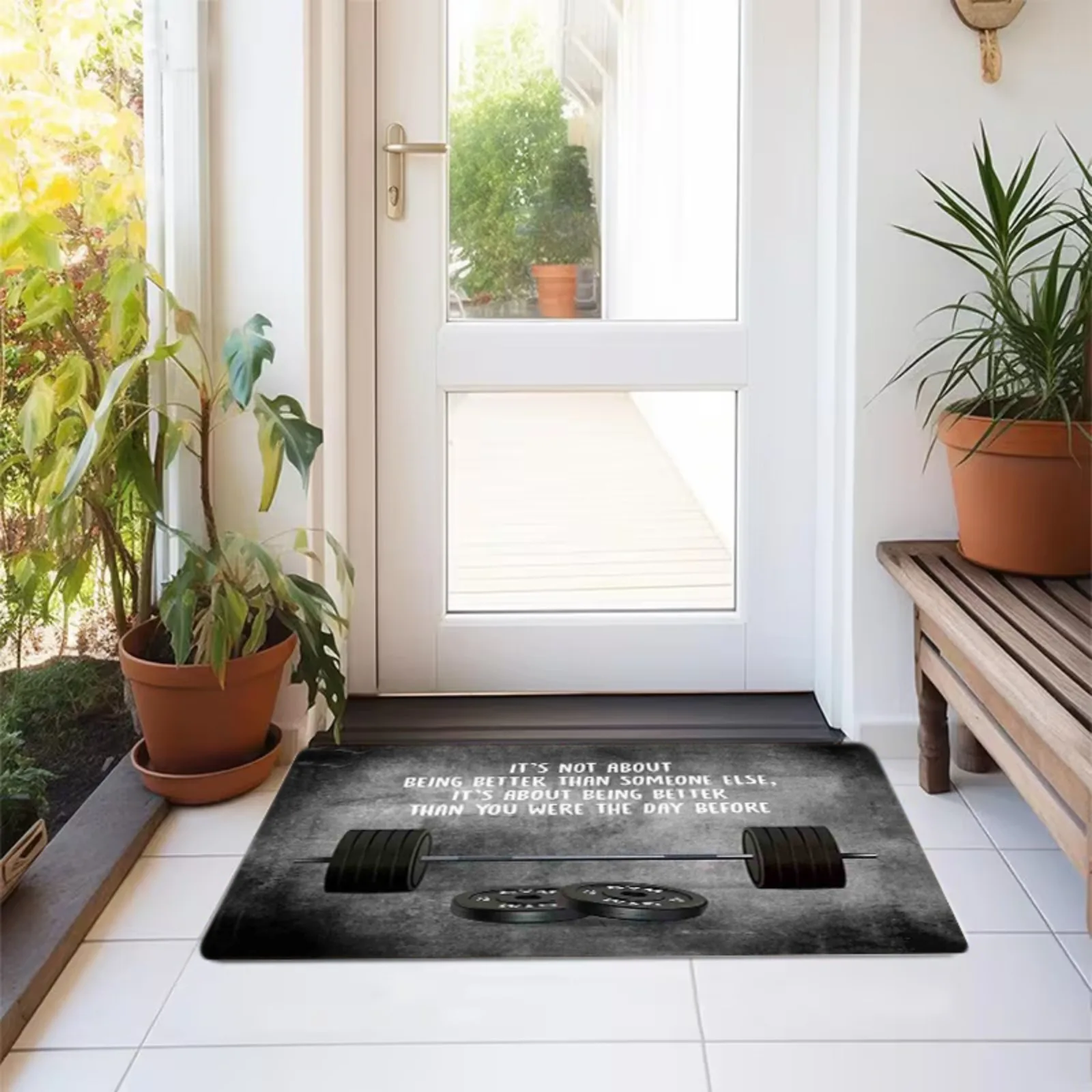 1pc Outdoor Doormat Featuring a Barbell and the Motivational Quote 
