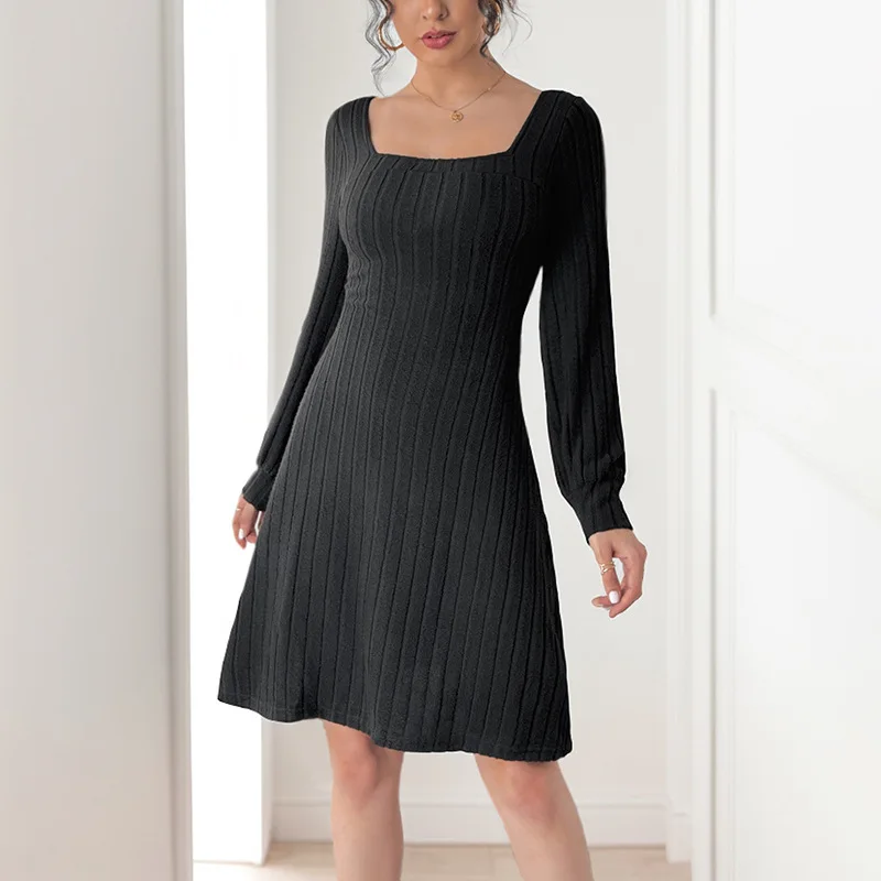 Solid Color Women's Casual Dress 2024 New Item Knitted Dress Brushed Pit Stripe Slit Square Neck Long Sleeved Autumn Black Dress