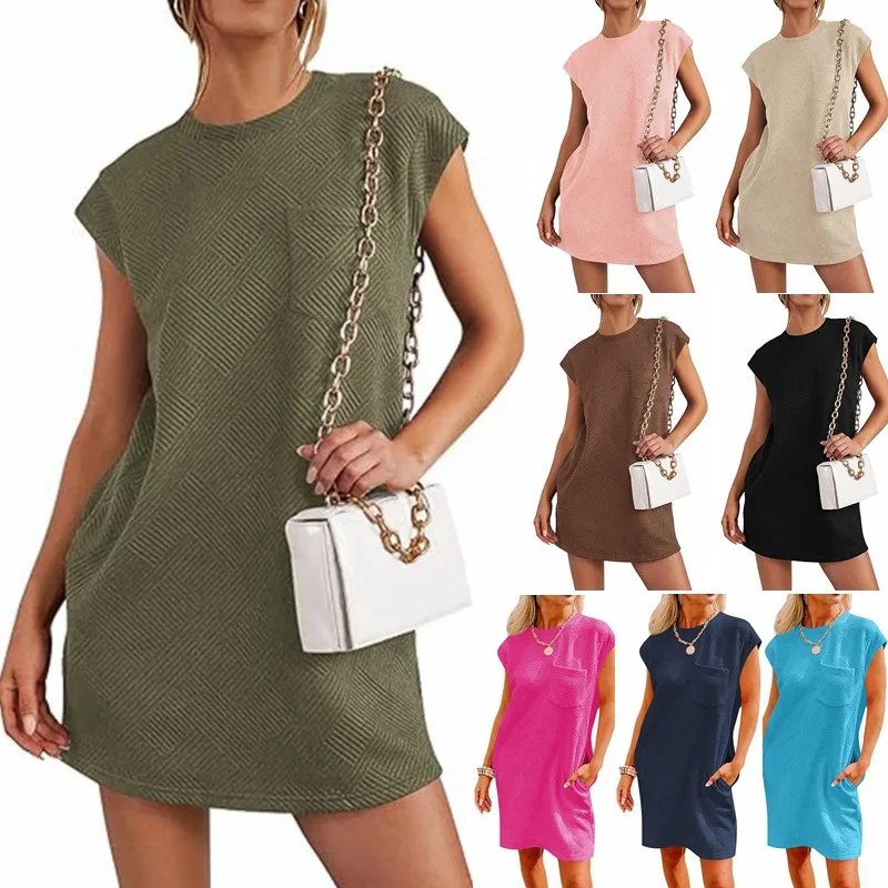 

Women's Skirt Jacquard Pattern Round Neck Pocket Short Sleeve Fashionable Casual Loose Dress Vestido