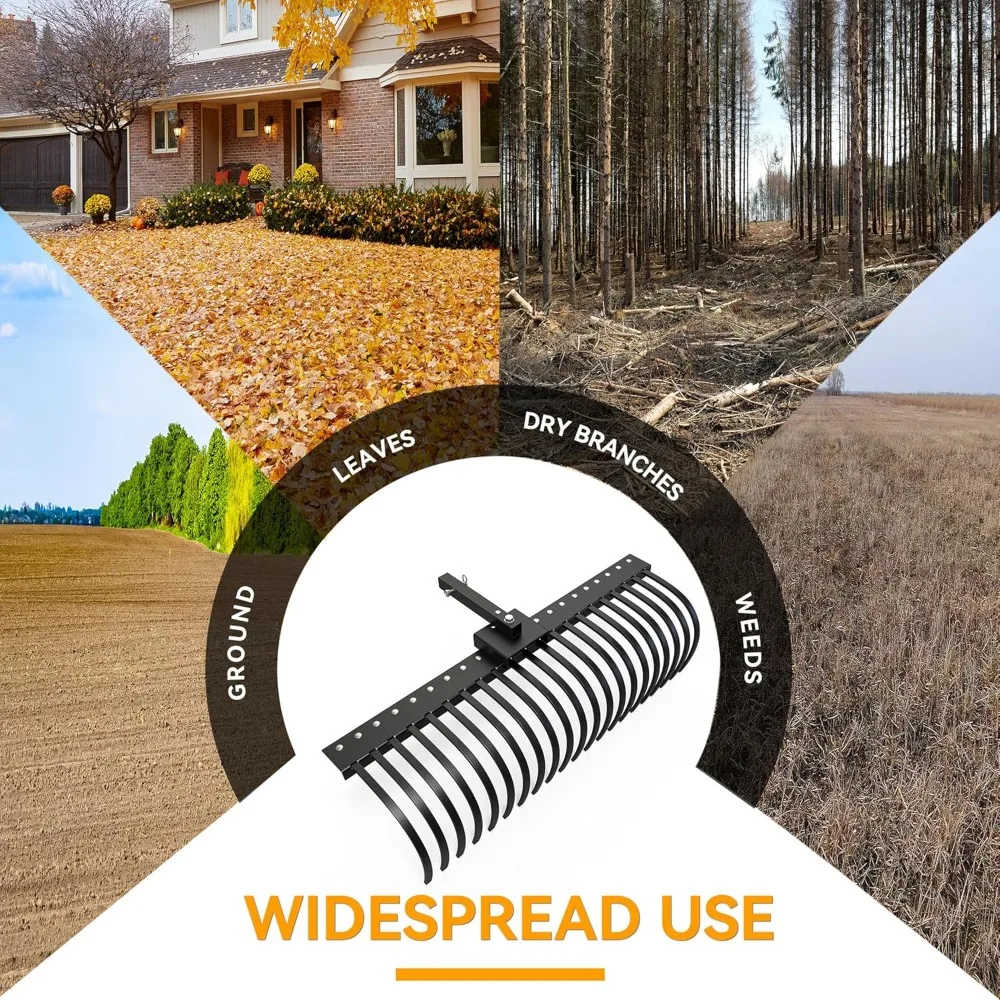 Rastrillo de remolque detrás del paisaje, rastrillo de Tractor de 60 pulgadas con 2 receptores para ATV UTV, 21 dientes de acero con resorte, rastrillo desacoplador de césped Atta