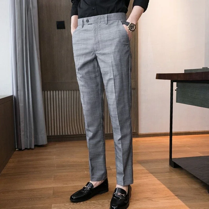 Check Draped Man Suits Pants Work Office Trousers for Men Plaid Fluid High Quality Clothes Offer Elegant Luxury Thin Casual Up