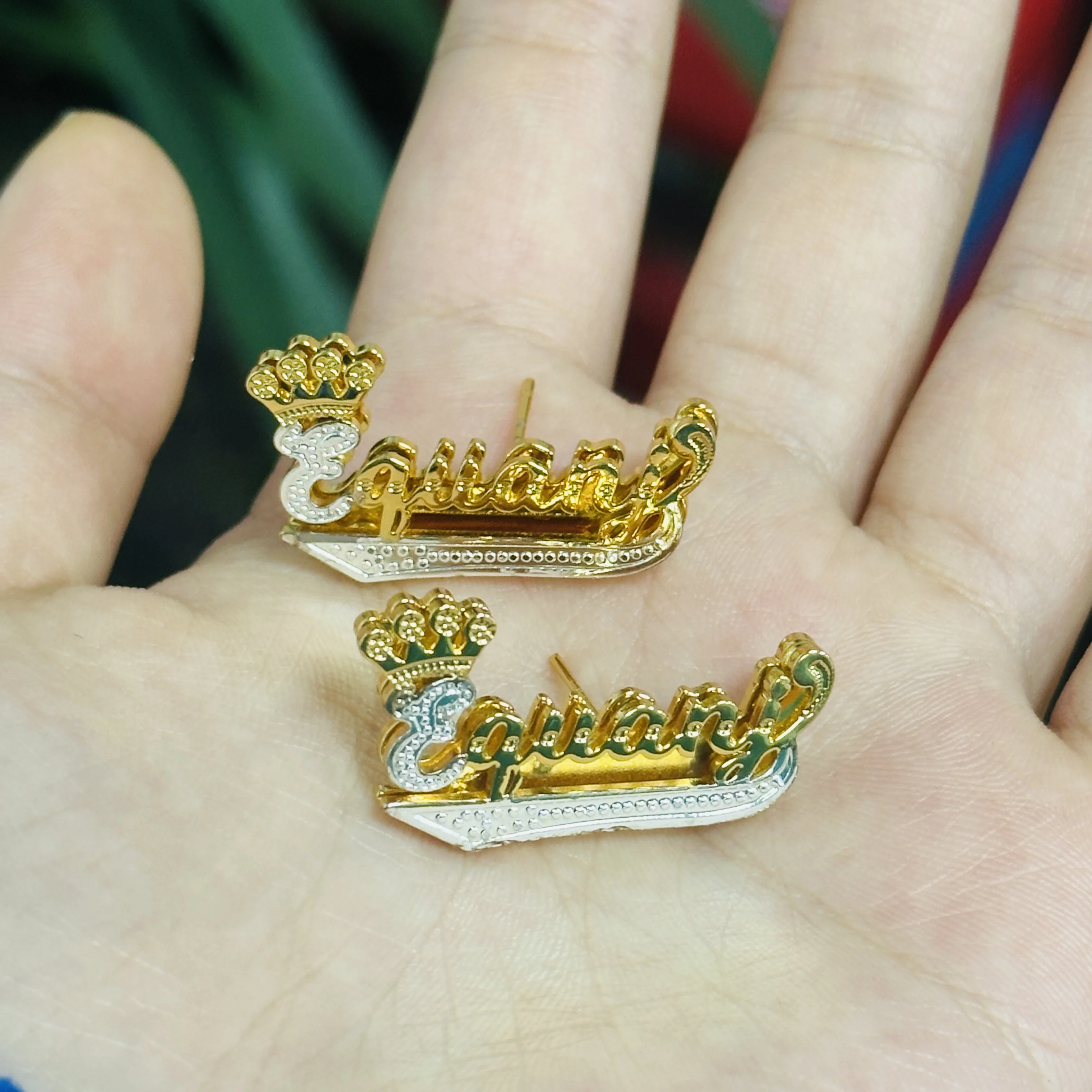 Double Layer Nameplate Earrings Custom Name Crown Earrings Two-color Double-layer Stud Earring for Men Women Christmas Gift