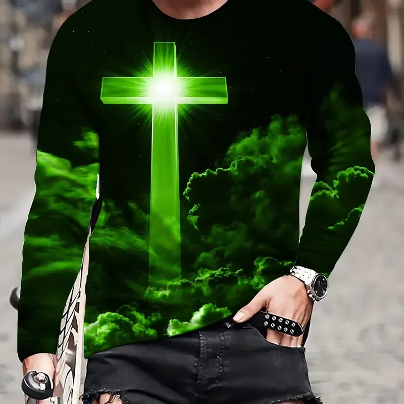 3D Printed Casual Long Sleeve 2026 New Men's T Shirt High Definition Cross Print Autumn Tops Round Neck Streetwear Fashion