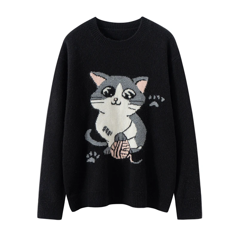 

Новинка 2023 года, кашемировый вязаный свитер для женщин, повседневный женский свободный вязаный шерстяной пуловер с круглым вырезом и рисунком кота, топы