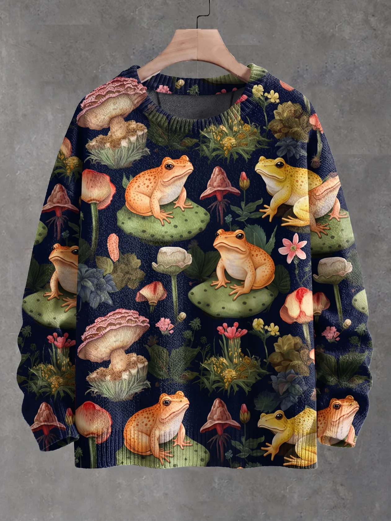 Mushroom Series—"Ugly sweater" featuring a 3D-printed frog-and-mushroom design; a brand-new, cozy, and warm winter style; unisex