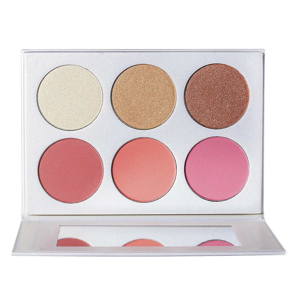 Palette de fards à joues à reflets 6 couleurs, marque privée, Contour végétalien, éclaircissant longue durée, maquillage personnalisé tridimensionnel, vente en gros