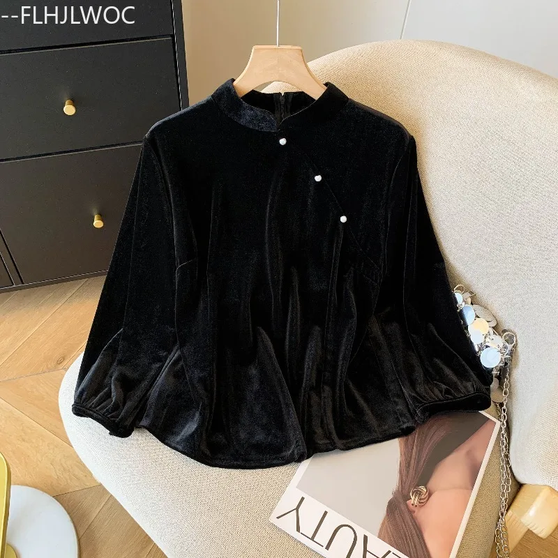 بلوزات مخملية سوداء على الطراز الصيني تشي باو بلوزات ذات ياقة ثابتة للعام الجديد 2026 قمصان كلاسيكية أنيقة للفتيات لربيع 2026