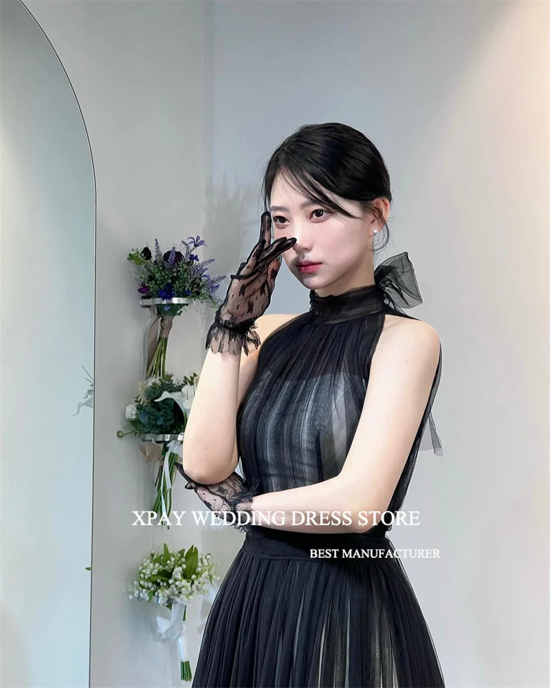 XPAY Korea Black Tulle Korea Evening Dresses High Neck Floor Length Bow Back Elegant Simple Prom Gowns Formal Party Dress