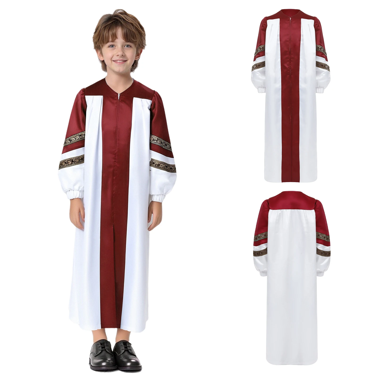 Choir Robe Clergy Robe for Kids Boys Embroidered Stripes Long Sleeve Color Block Choir Graduation Gown Church Pastor Clothes