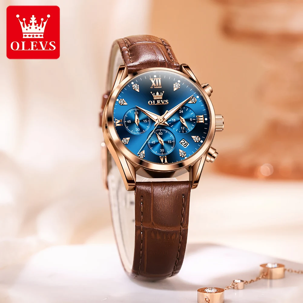 OLEVS Brand New Fashion Blue Quartz Watch for Women Brown Leather Strap Chronograph Watches Luxury Diamond Ladies Wristwatch