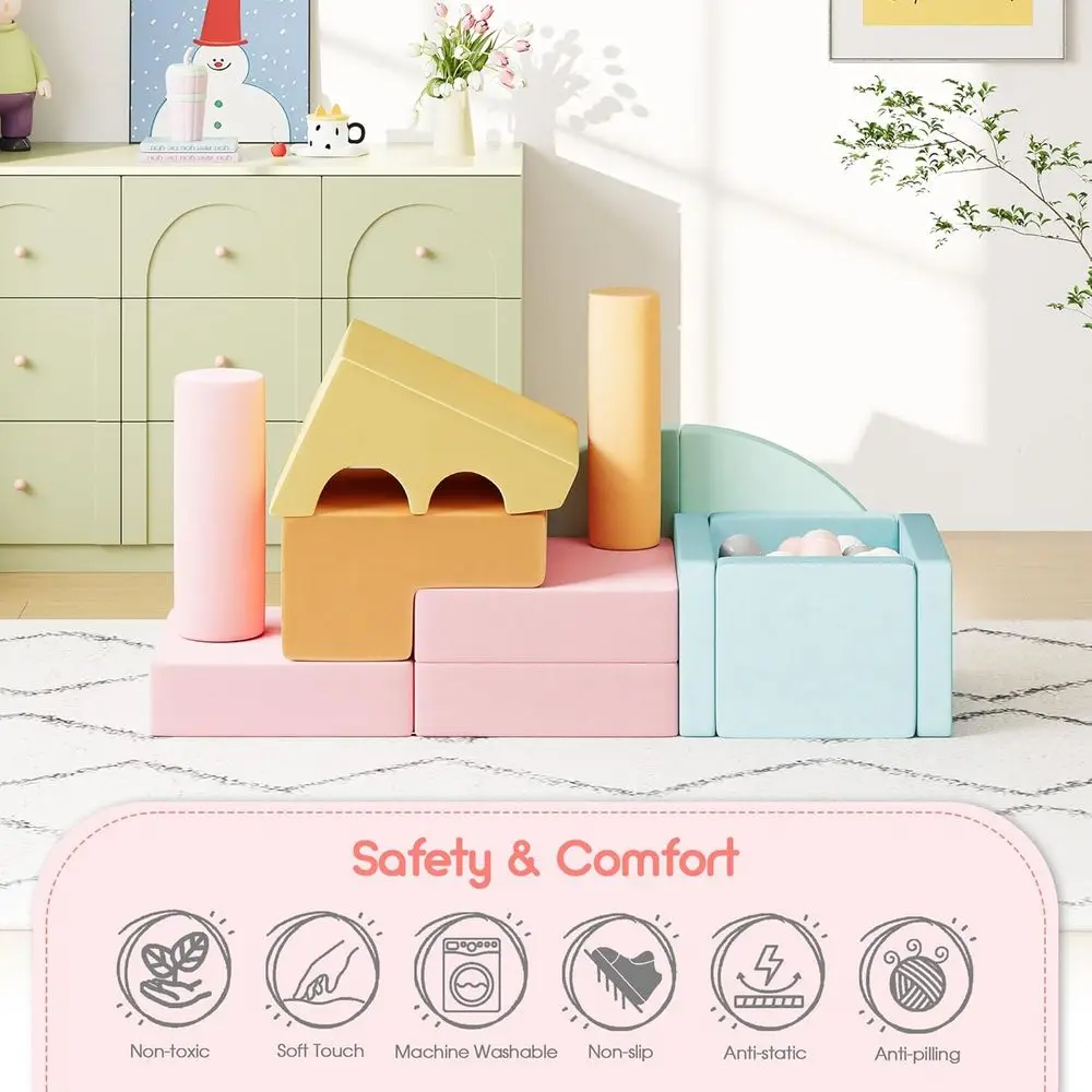 12-teilige Schaumstoff-Kletterblöcke für Kleinkinder mit Bällebad, sicheres weiches Spiel-Fitnessstudio-Set für Kinder, Indoor-Spielplatz zum Krabbeln und Motor S