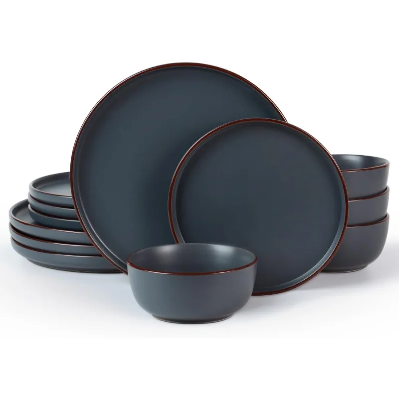 

Mercury Plates and Bowls Sets, 12 Pieces Stoneware Dinnerware Sets, Dishes Set for 4, Microwave and Dishwasher Safe, Charcoal