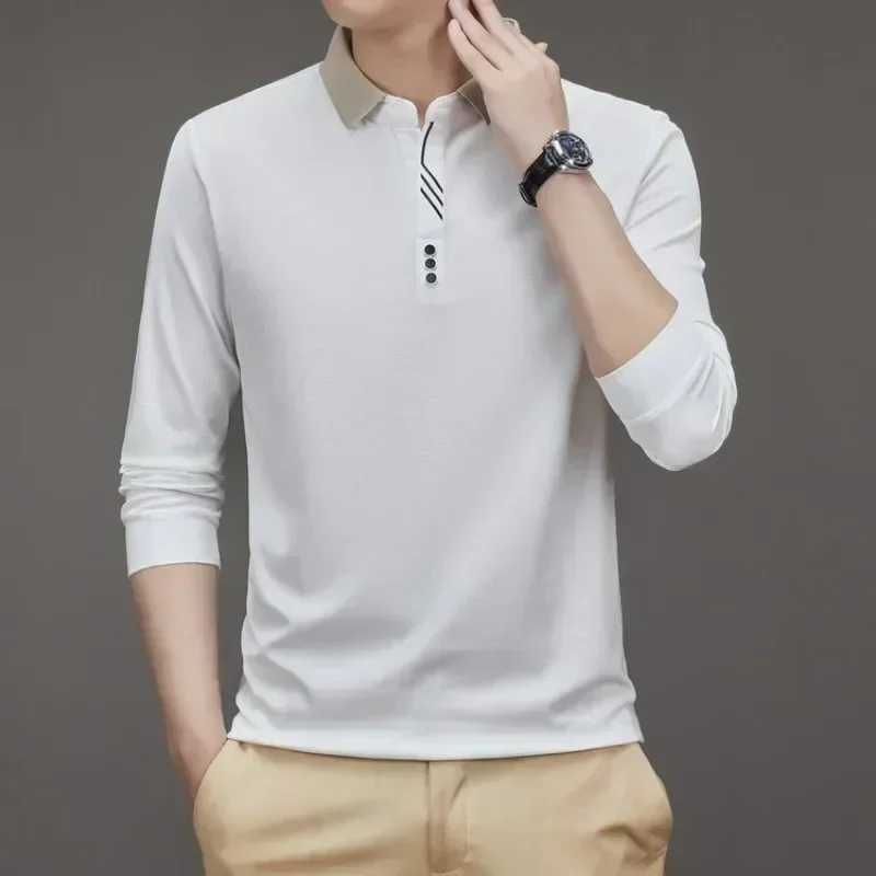 Men's Long Sleeve Turn-down Collar Waffle T-shirt Business Casual Polo Shirt Tee image 5