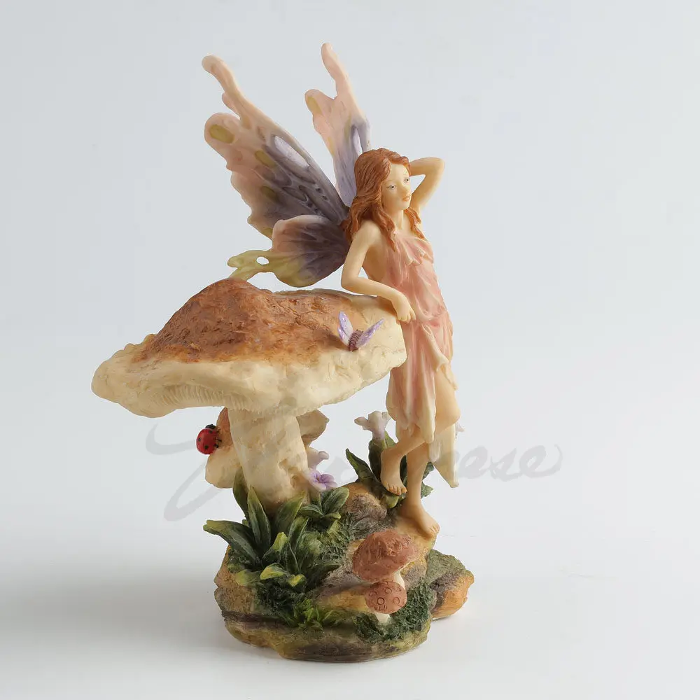 Forest Fairy Leaning on Mushroom Resin Figurine Winged Elf with Butterfly Statue Fantasy Nymph Sculpture Garden Desktop Ornament