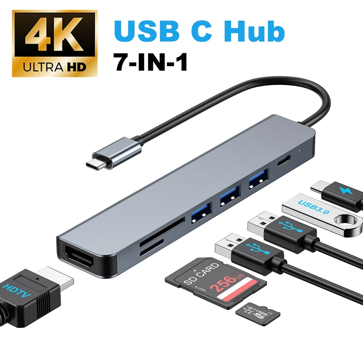 

USB C Hub Док-станция 7 в 1 с HDTV 4K @ 30 Гц, 3 портами USB A, SD TF, 100 Вт PD, многопортовый адаптер для ноутбука MacBook