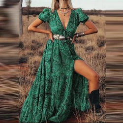 Summer Women's Sexy Printed Short Sleeve Dress Vacation Casual Deep V Robe Dress Vintage Bohemian High Waist Split Long Dresses