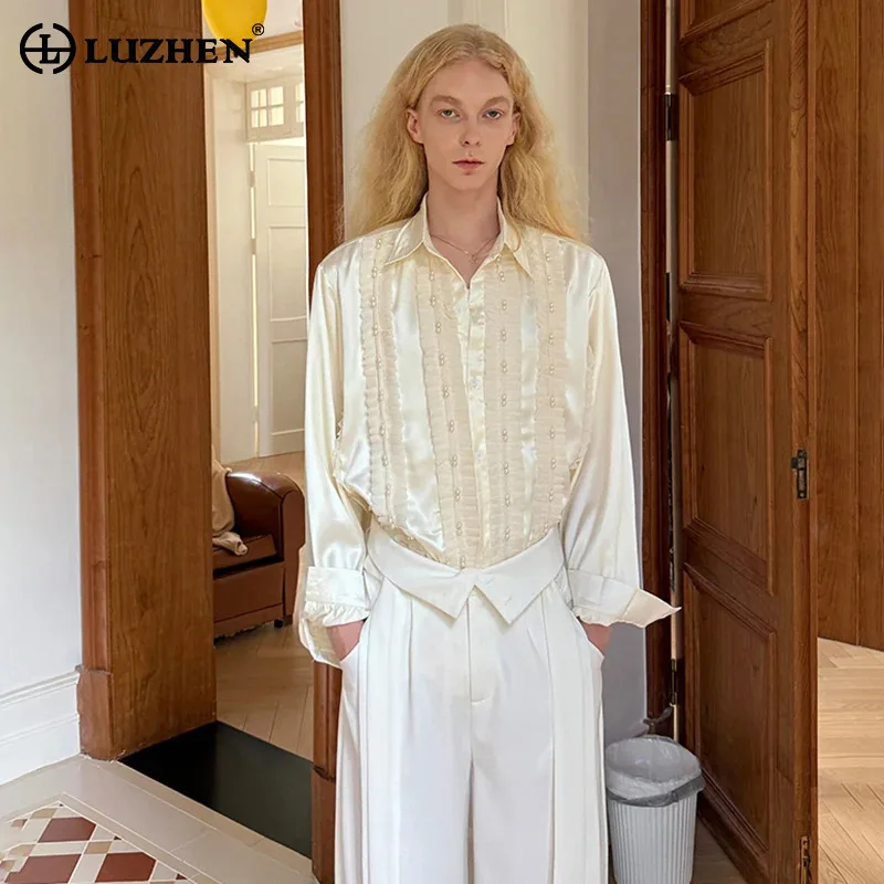 

LUZHEN 2025 Autumn New Pearl Decorate Pleated Patchwork Design Long Sleeve Shirts Men's Luxury Elegant French Casual Tops JY4158