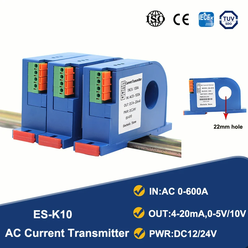 AC Electric Current Sensor 0-600 Input 4-20mA 0-5V 0-10V Output 24v Power Supply 22mm Hole Transducer Converter Transmitter