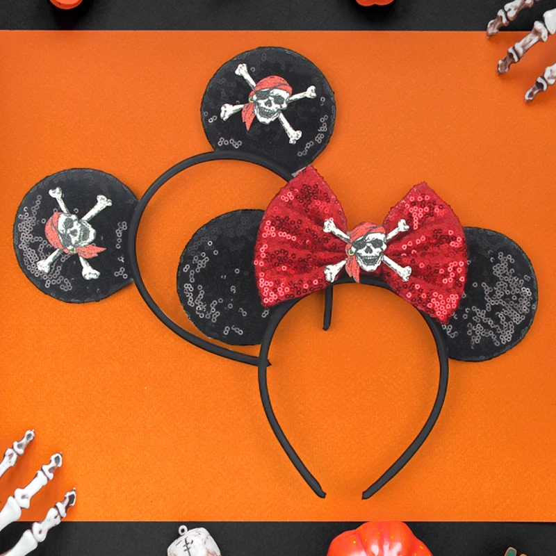 Diadema con orejas de calavera y huesos cruzados, pirata, Mickey Mouse, lazo de calabaza y murciélago, diadema para Halloween, accesorios para el cabello para fiesta y Festival