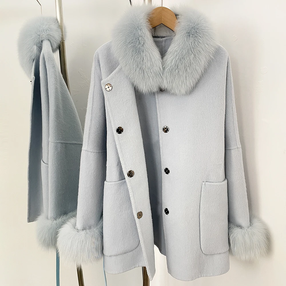 OFTBUY Neue Herbst-Winter-Wollkleidung für Damen mit Echtfuchs-Pelzmanschetten und -Kragen, 100% Wollmantel, Damenjacke mit Naturpelztaschen – Detail 8