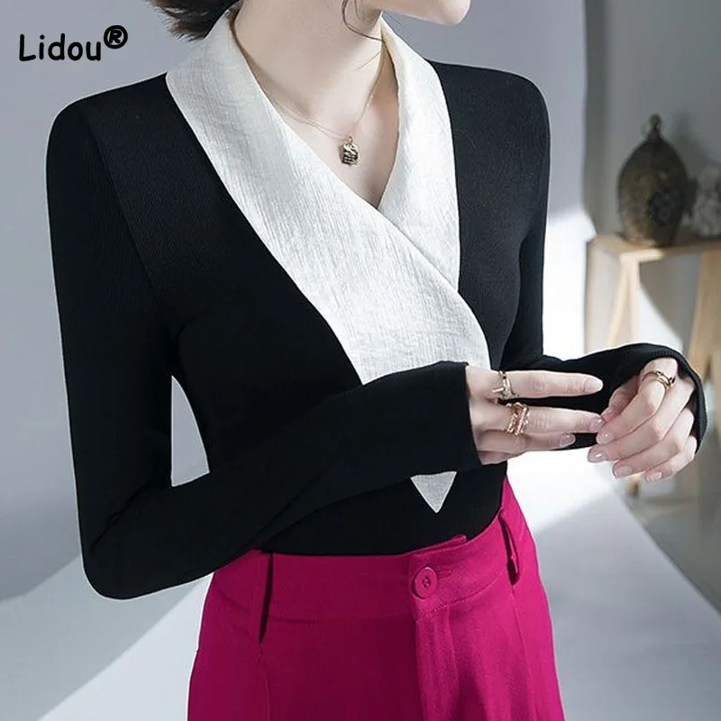 

Elegant Fashion V-Neck Patchwork Long Sleeve Tops Korean Autumn Winter Simplicity Slim Color Blocking T-shirt Women's Clothing