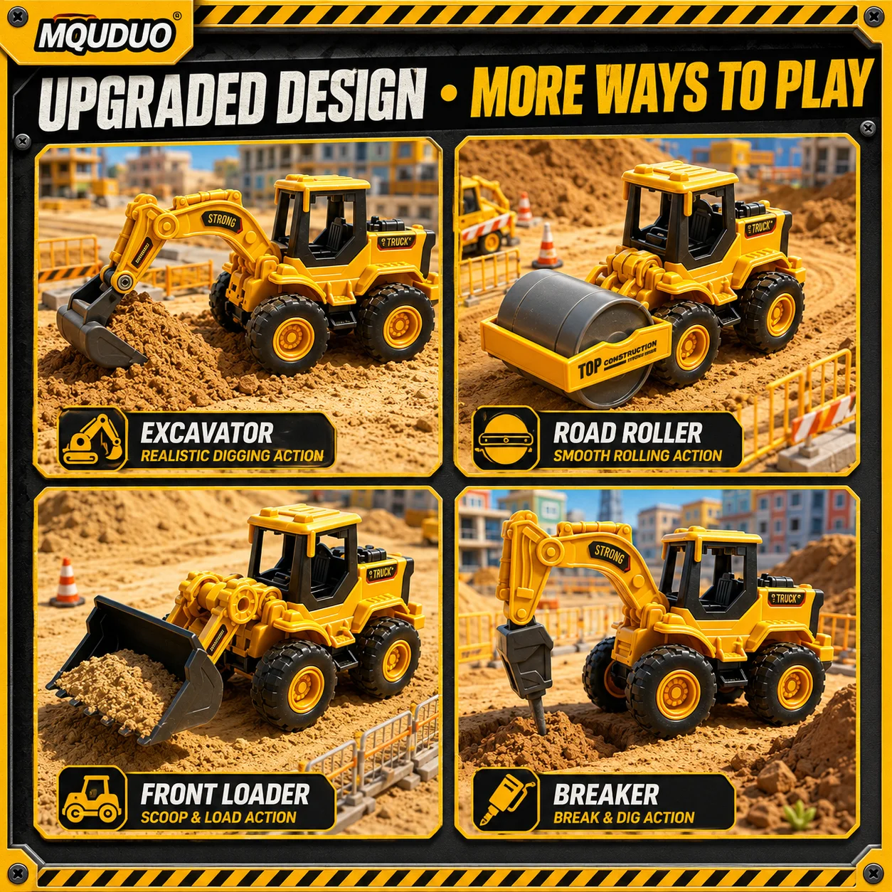 MQUDUO 4PCS Friction Powered Construction Vehicle Set, Push and Go Excavator Loader Road Roller Digger Models for Sand Play