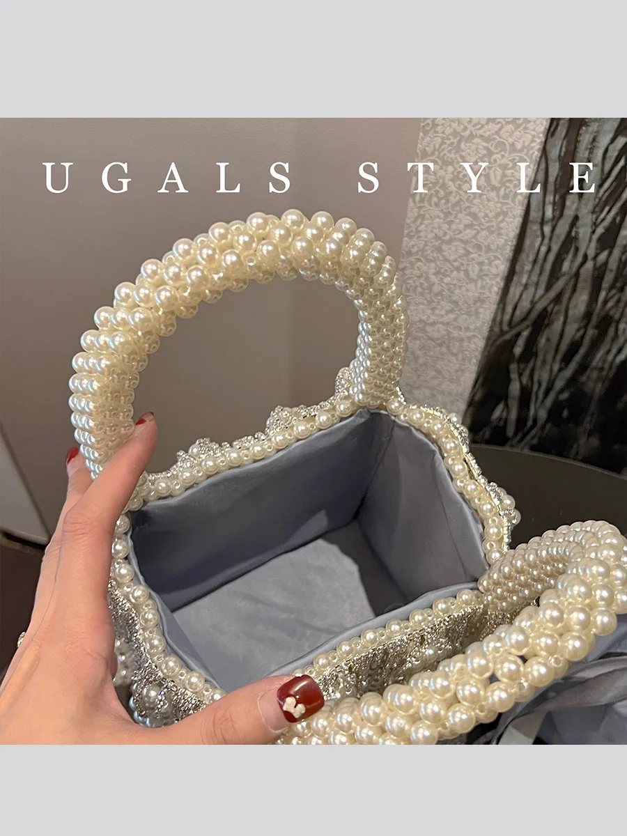 

UGALS Hollow iny Diamond Buet Handbag Beaded Pearl Clutch Bag for Evening Par Handwoven Ele Women's Handbag