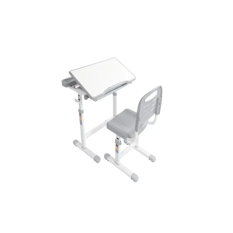 Adjustable Height Desk and Chair Set with 40-Degree Tiltable Desktop, LED Light and Bookstand, Grey Color