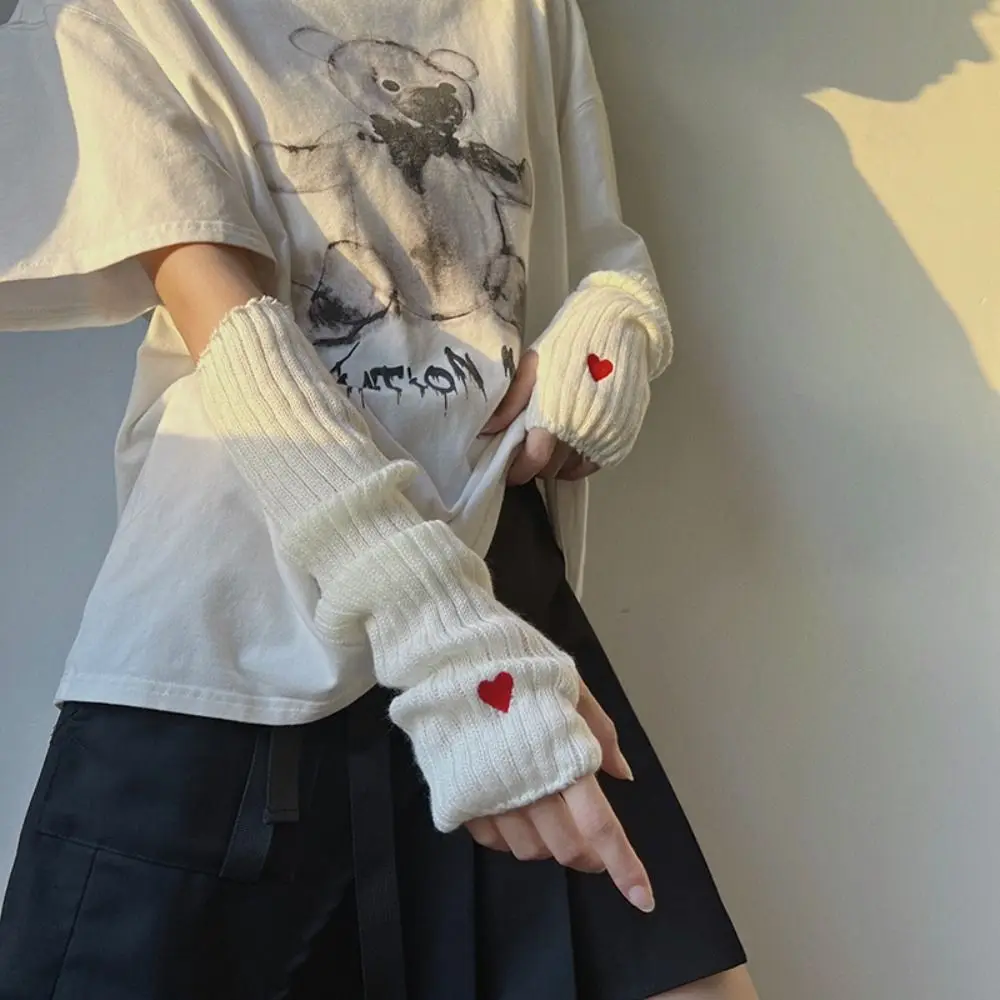 Elastic Y2K Warm Sleeves Love Korean Style Embroidery Heart Knitted Arm Warmers Sweet Long Mittens Fingerless Gloves