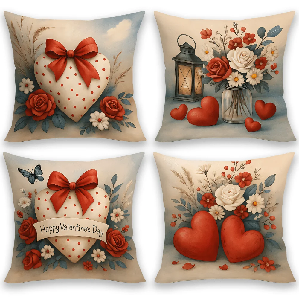 4 Stück Valentinstag-Kissenbezüge, 45 x 45 cm, doppelseitig bedruckt, Herz-Blumen-Kissenbezüge, Heimdekoration, ohne Einlage