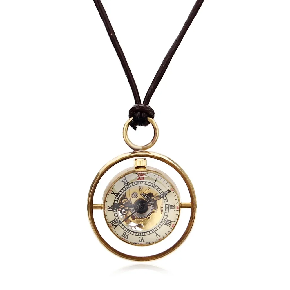 

Luxury Bronze Tone Case Transparent Round Ball Mechanical Hand Wind Pocket Watches W/Necklace Leather Chain Men Women Watch