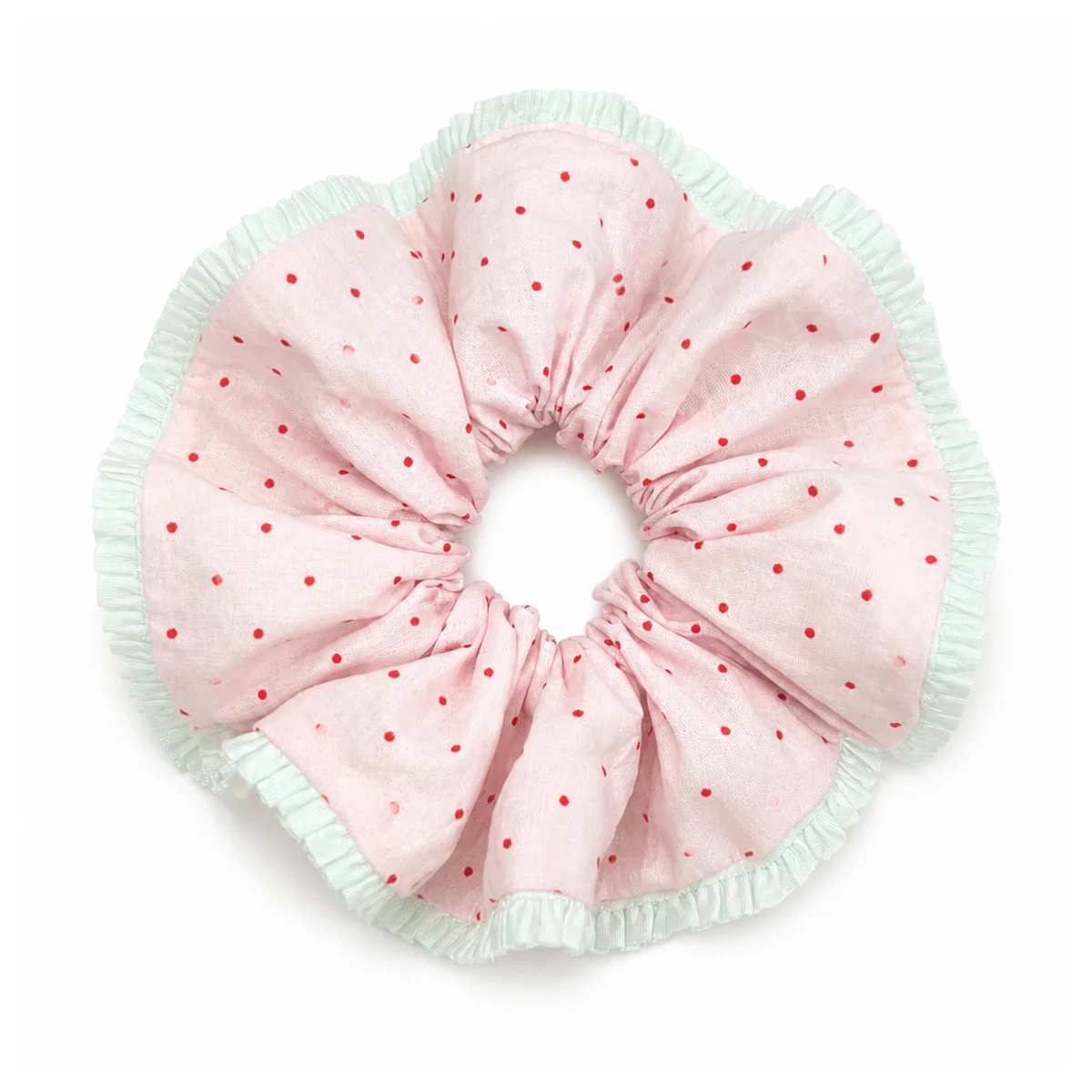 soft-blush-pink-red-polka-dot-wide-single-layer-hair-scrunchie-with-mint-pleated-trim