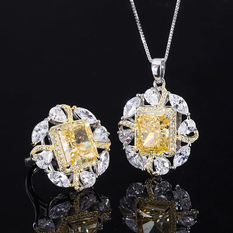 New fashion trend S925 silver inlaid 5A zircon color treasure ladies yellow diamond pendant ring set