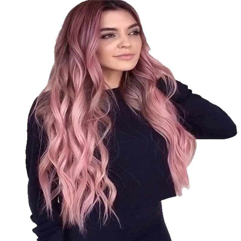 High-temperature synthetic wig, short curly for women, middle parting, gradient pink and gold long hair, full head syntheti