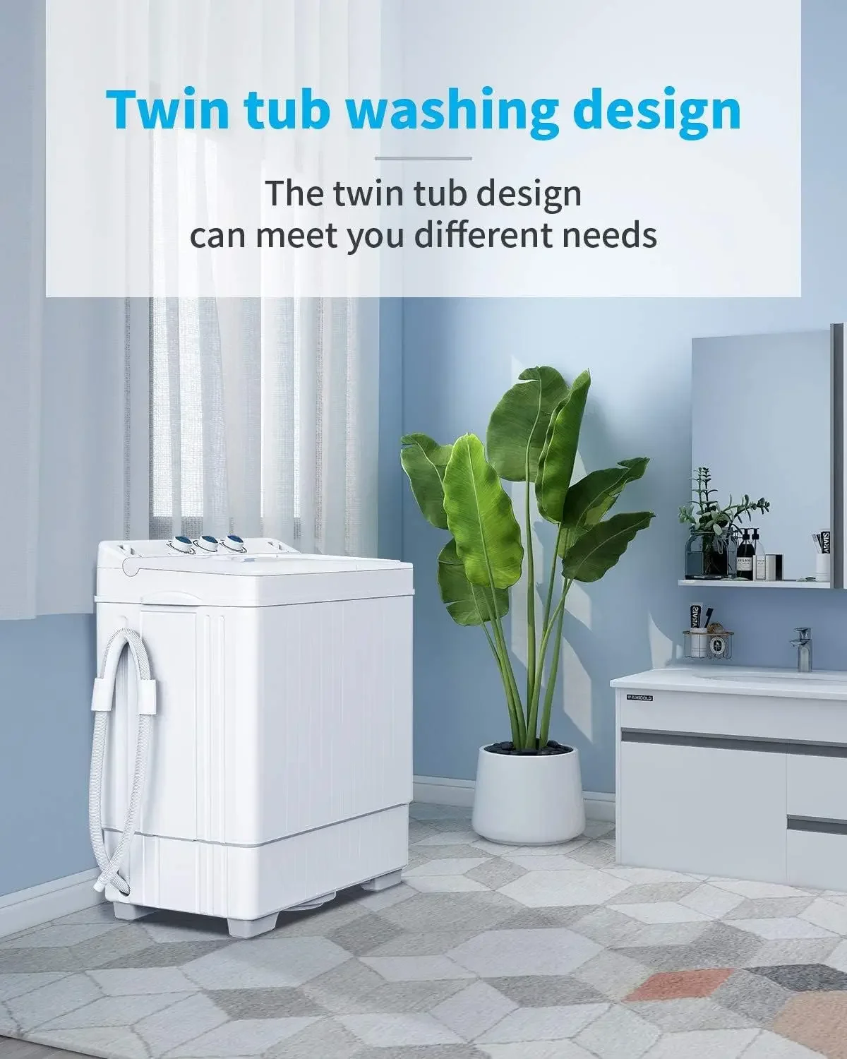 Dual bathtub portable washing machine with 26 pound capacity, built-in drainage pump/semi-automatic