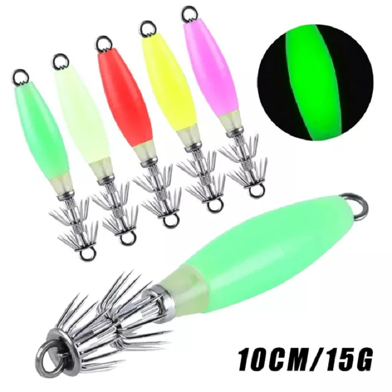 5pcs 10cm/15g Luminescent Simulation Squid Hard Bait Hook Attracting False Bait Cuttlefish Fishing Hook for Offshore Angling