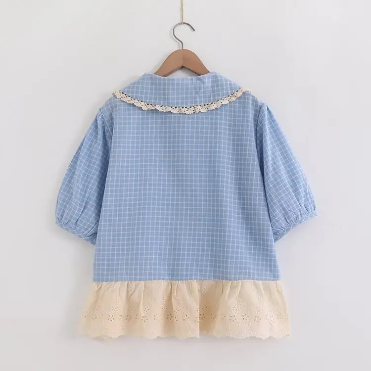 Japonês doce mori menina vintage xadrez rendas retalhos camisas femininas verão bonito peter pan colarinho manga curta blusa casual topos
